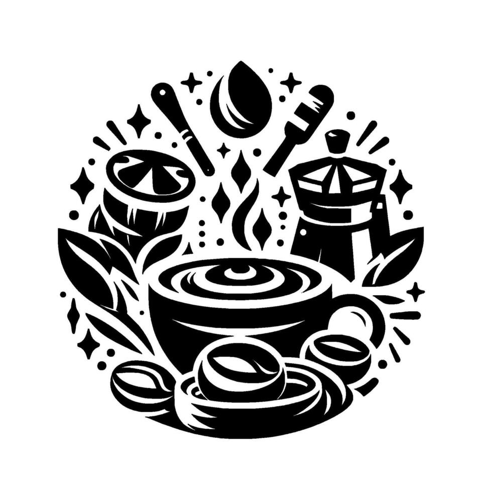 Stylized Coffee Illustration A Black and White Circular Featuring Brewing Tools, Beans, and Steam. vector