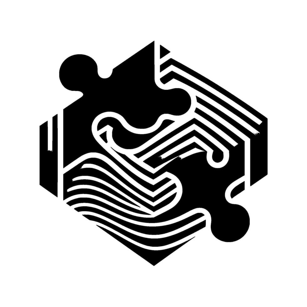Isometric, geometric puzzle art, featuring interconnected puzzle piece shapes, rendered in contrasting black and white, creating a modern, layered aesthetic. vector