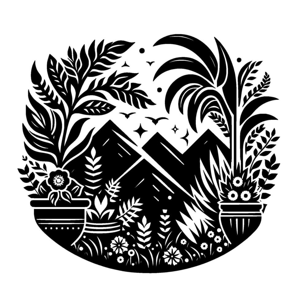 Black and white illustrative featuring potted plants, mountainous backdrop, flying birds, and starlike elements, framed in an oval. vector