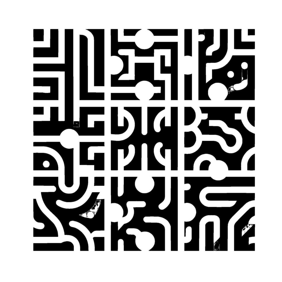 Gridbased abstract featuring geometric patterns of connected lines and circles in a monochrome black and white composition. vector