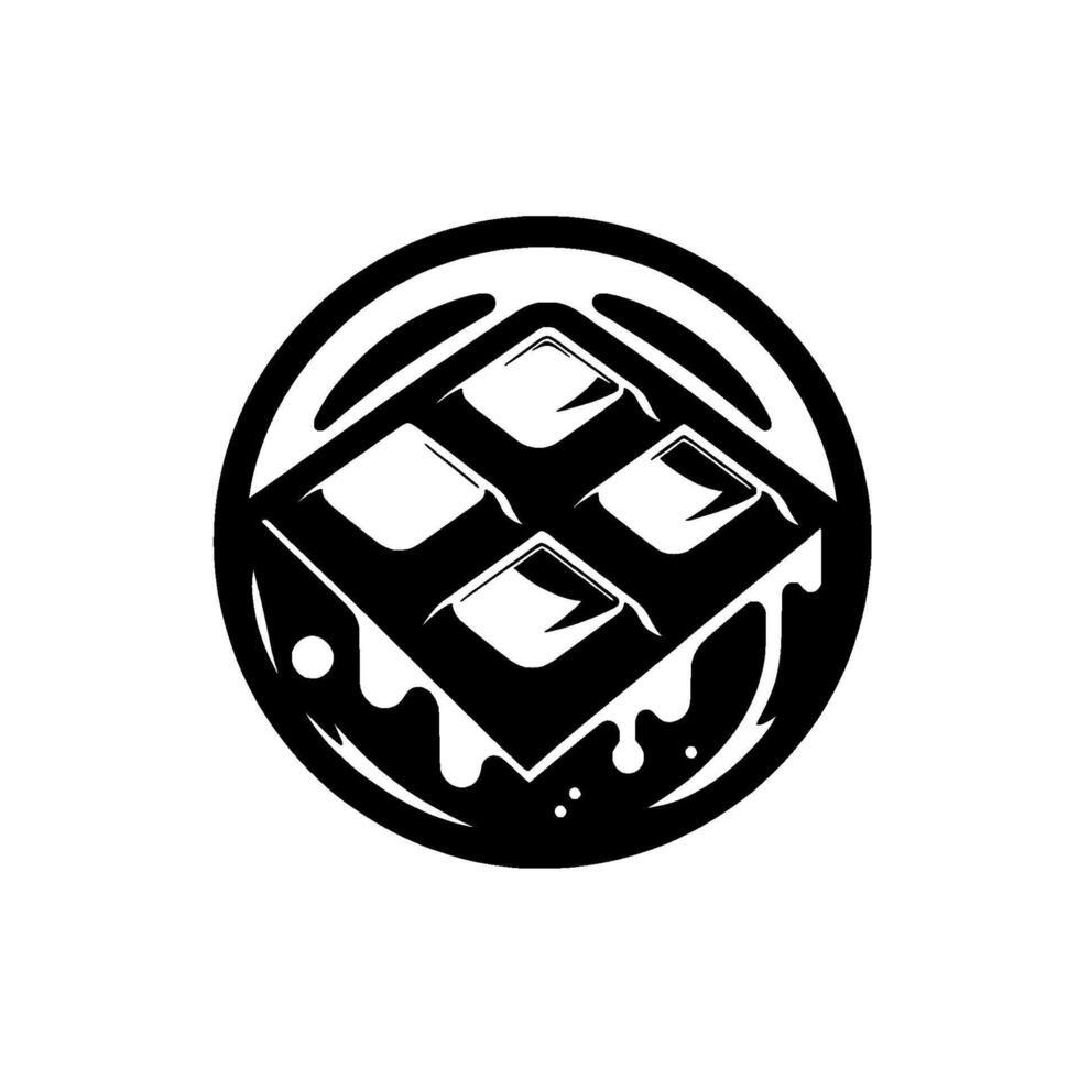 A circular, monochrome featuring a square waffle with melting syrup and square indents, framed by a rounded outline. vector
