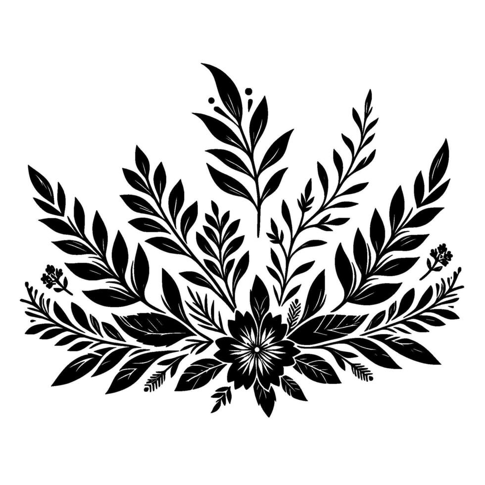 Elegant Black and White Floral Crest Detailed Botanical Featuring Leaves, Flower, and Decorative Elements on White Background. vector