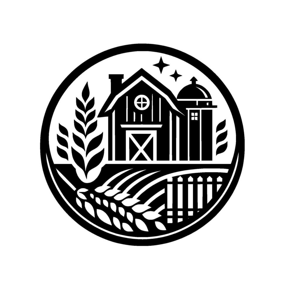 Black and White Farm Emblem Barn, Silo, Wheat, Stars, and Fence within a Circular . vector