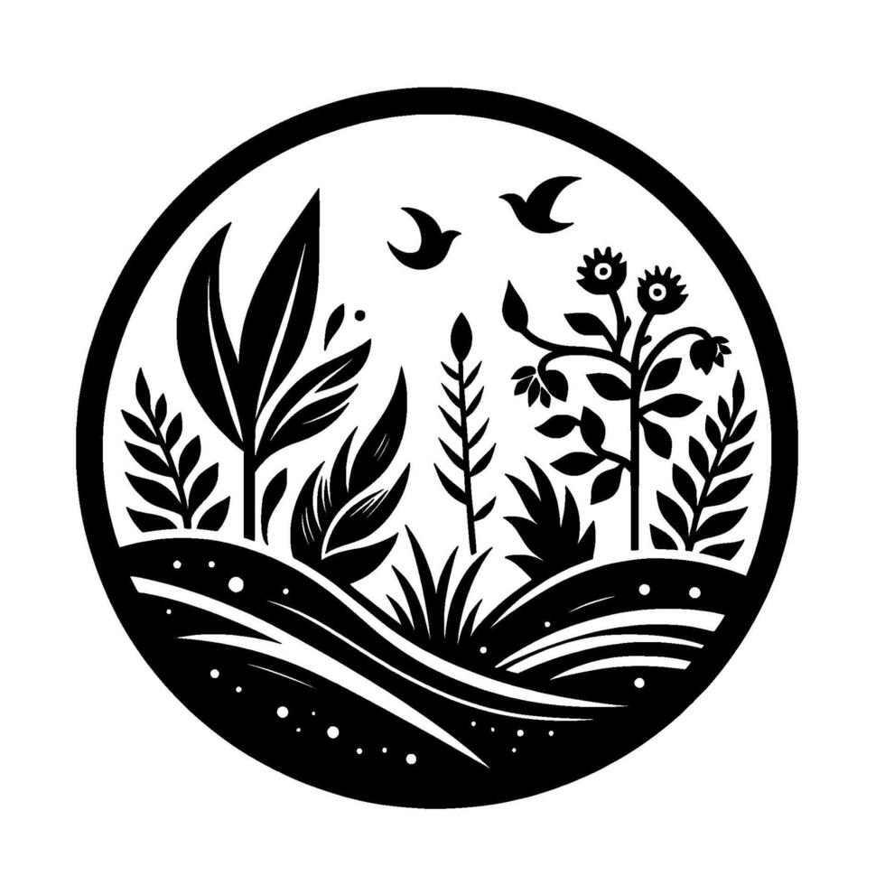 Black and White Minimalist Circle Illustration of a Lush Landscape with Plants, Birds, and a Simple Horizon. vector