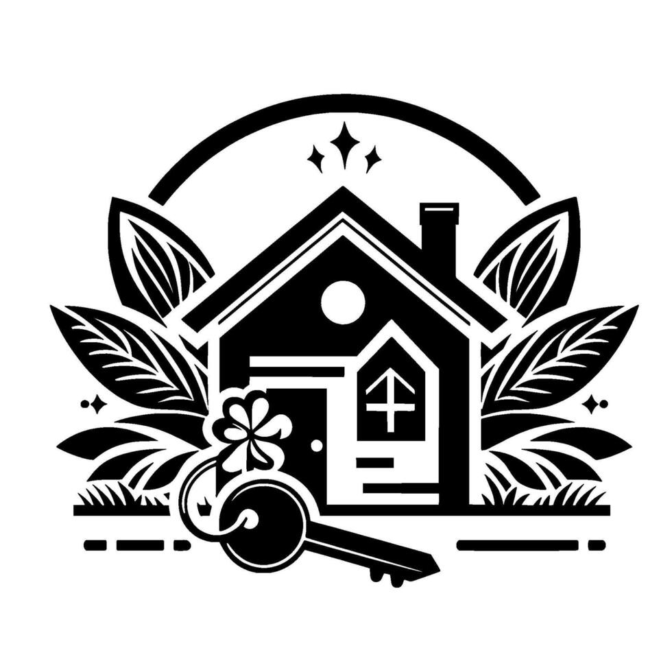 Elegant black and white house with a key, floral accents, and decorative elements, representing homeownership and real estate. vector