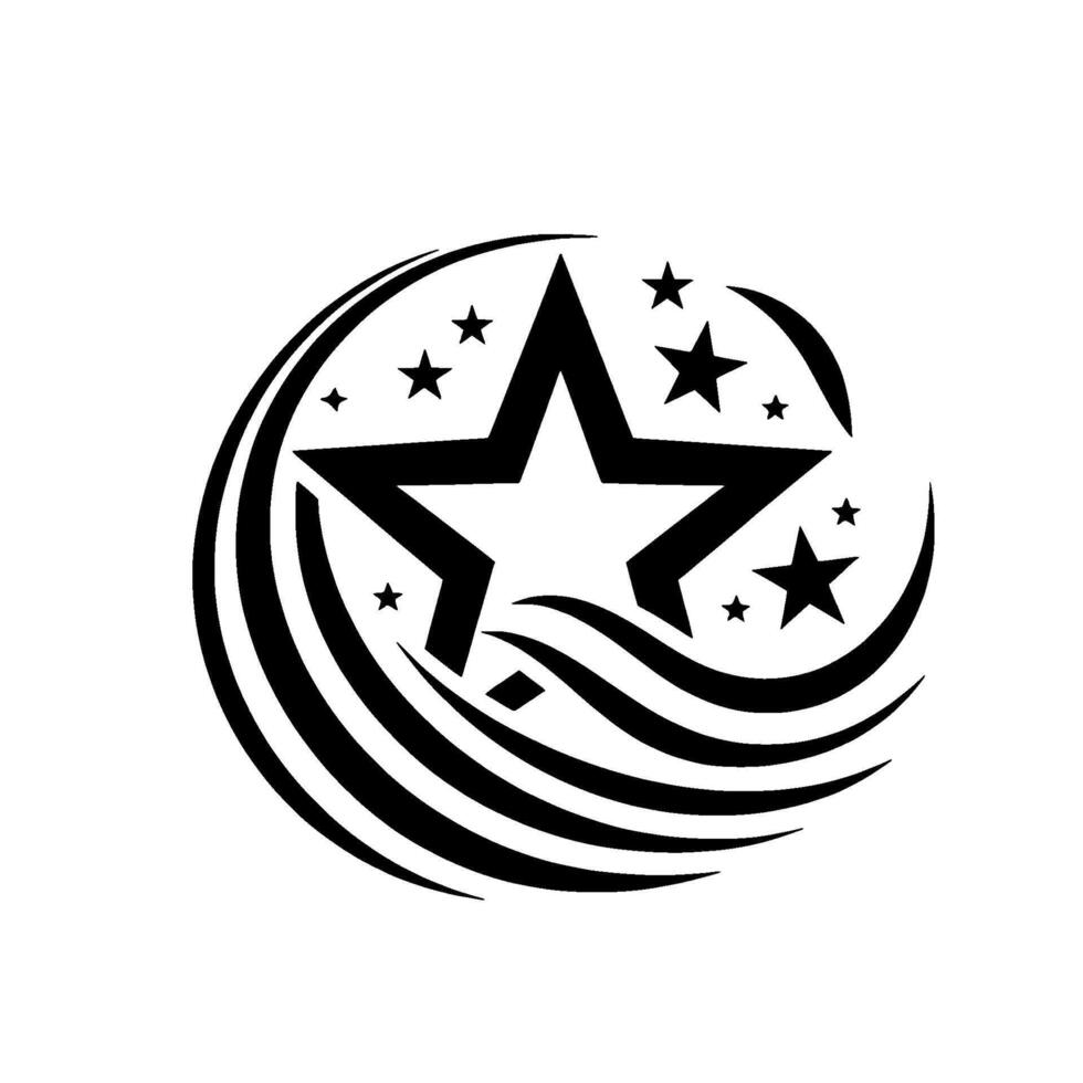 Black and white starthemed with a central large star, surrounded by smaller stars, set within a swirling , conveying dynamism. vector
