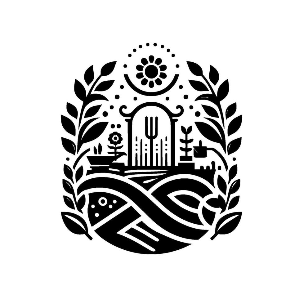 Monochromatic garden illustration with stylized plants, gate, and sun, enclosed by a laurel wreath, a minimalist art piece. vector
