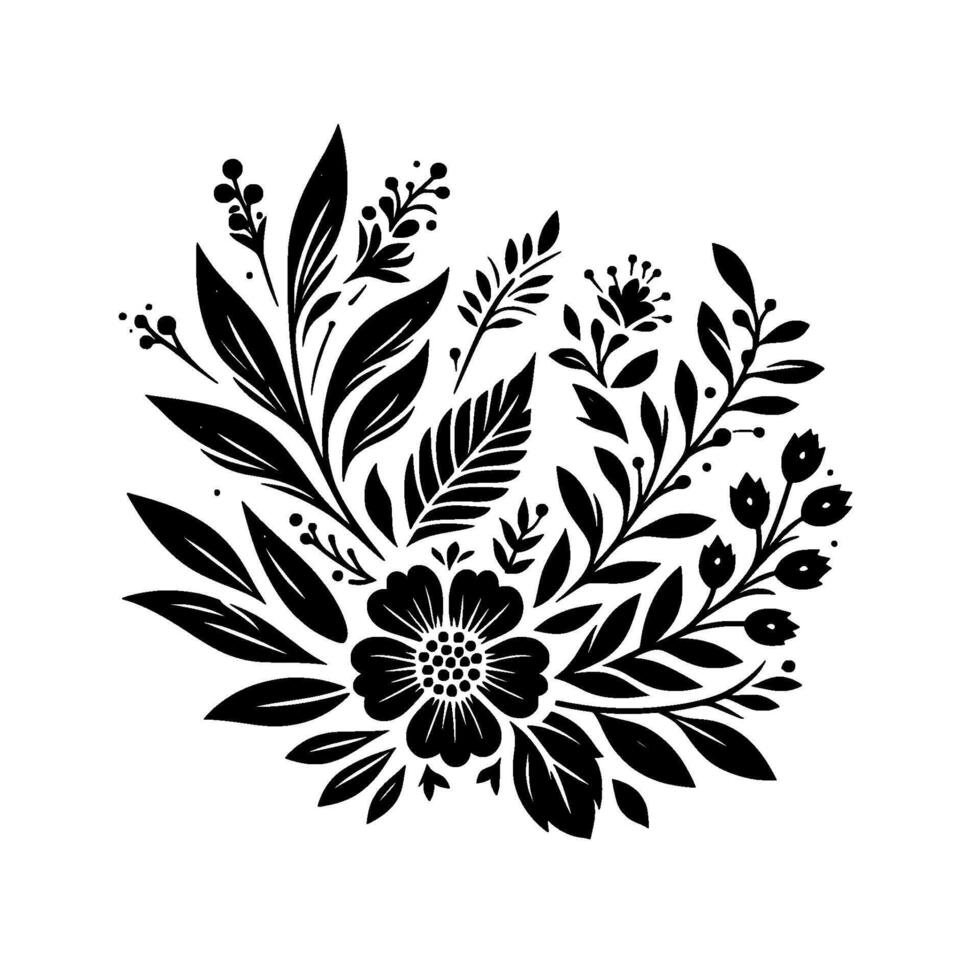 Black and white floral illustration featuring a central flower, surrounding leaves, berries, and detailed botanical elements arranged in a symmetrical . vector
