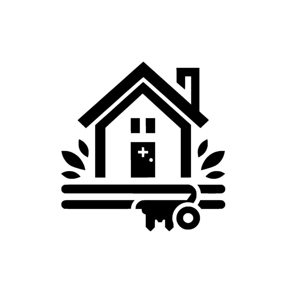 Minimalist Black White Real Estate featuring a House, Key, and Leafy Elements on a White Backdrop. vector