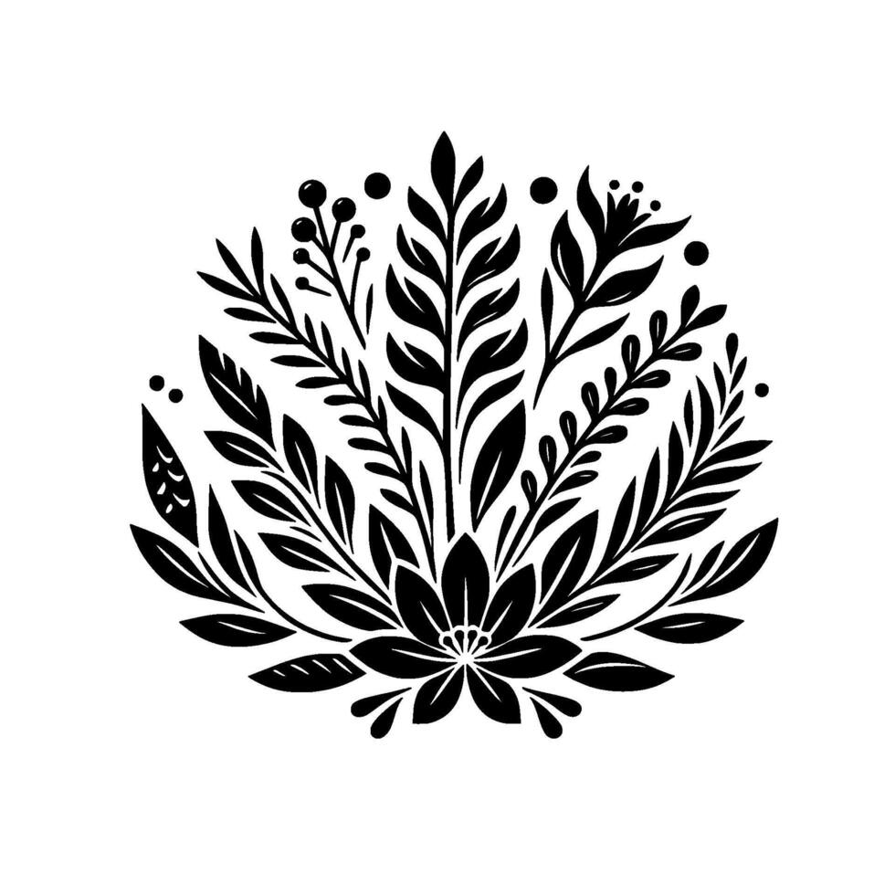 Intricate Black Floral Illustration on White A symmetrical arrangement of stylized leaves, berries, and a central blossom, reminiscent of art nouveau. vector