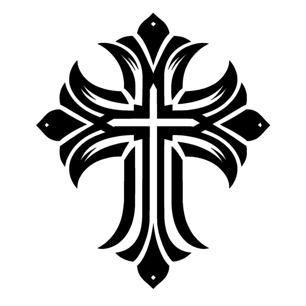 Stylized Black and White Cross with Ornamental LeafLike Elements and Diamond Accents on a Clean White Background. vector