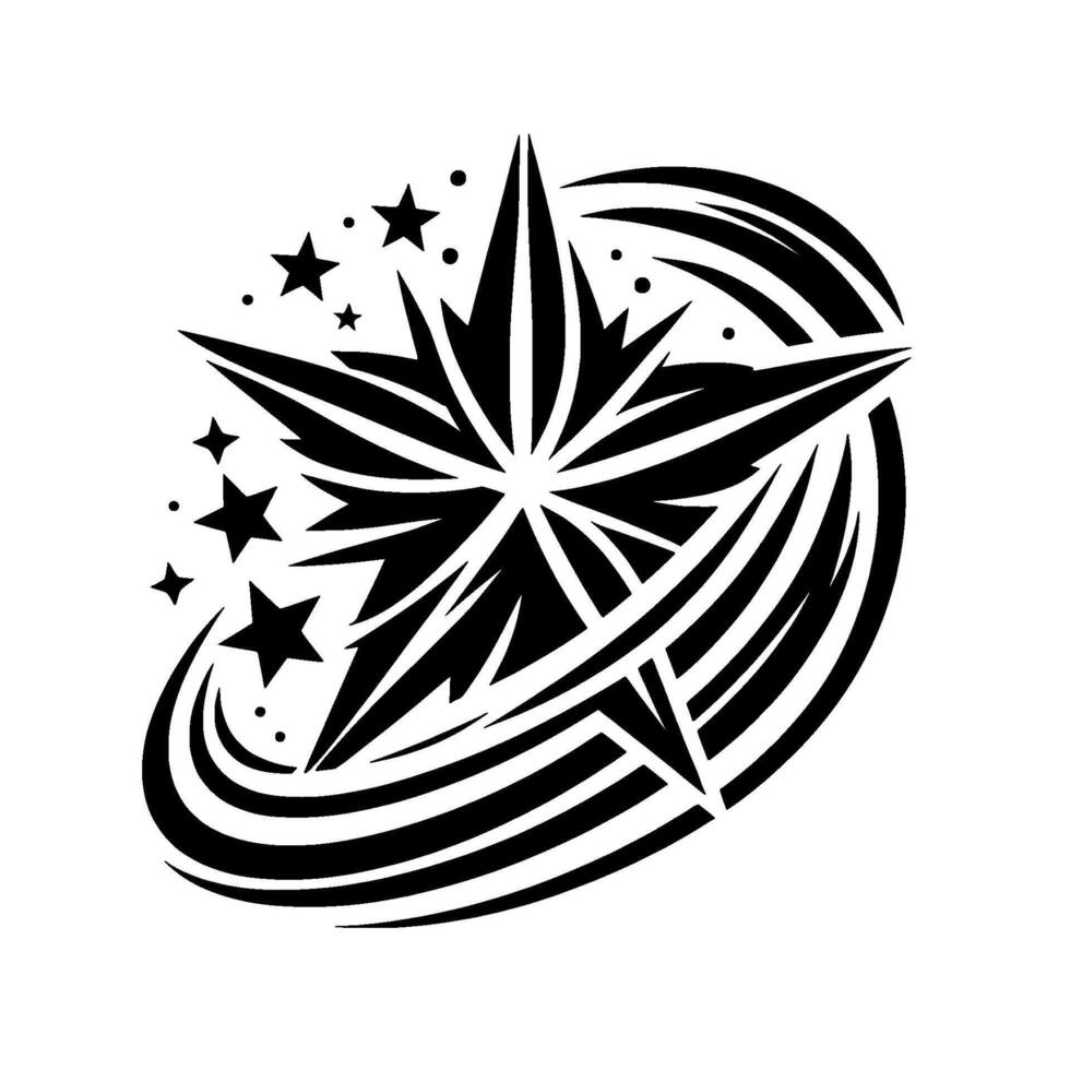 Black and White Abstract Starburst with Ornate Swirl, Star Accents, and Radial Symmetry on White Background vector