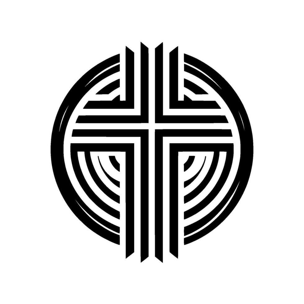 Abstract Black and White of a Cross Within a Circular Pattern Emphasizing Geometric Lines. vector