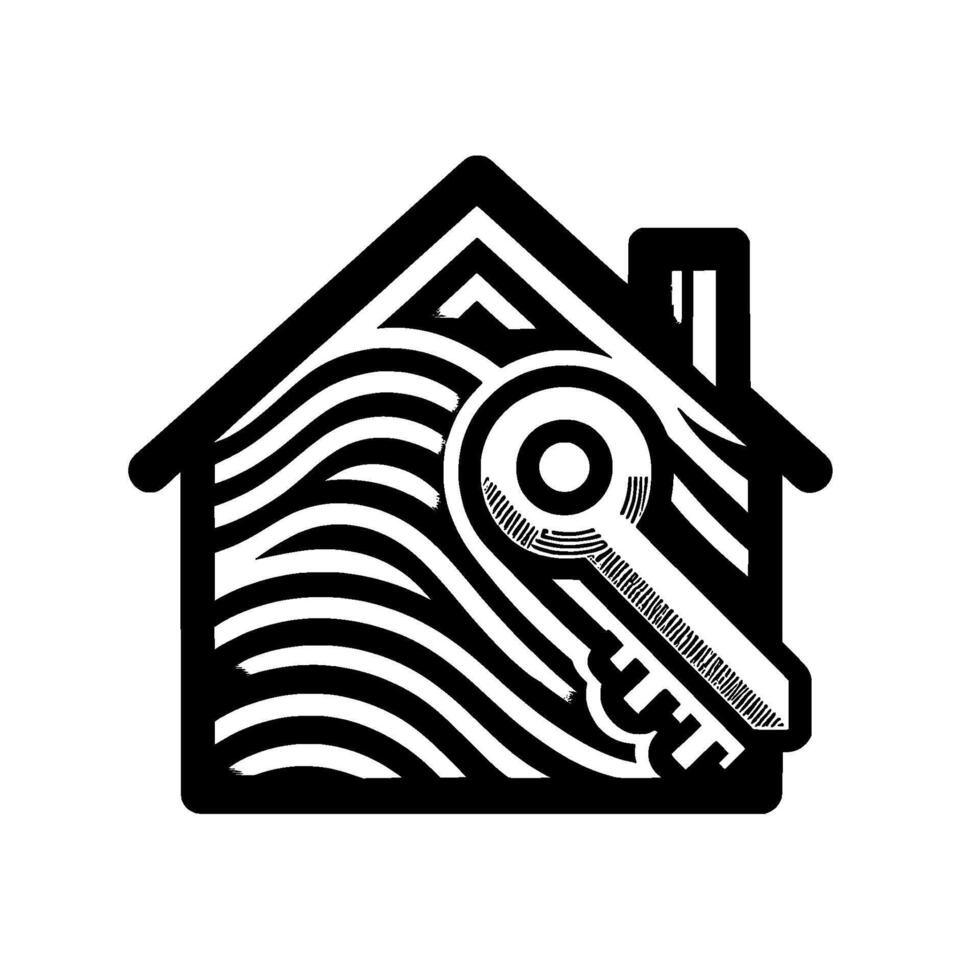 Stylized Black and White House with a Key Overlay, Representing Home Ownership and Real Estate vector