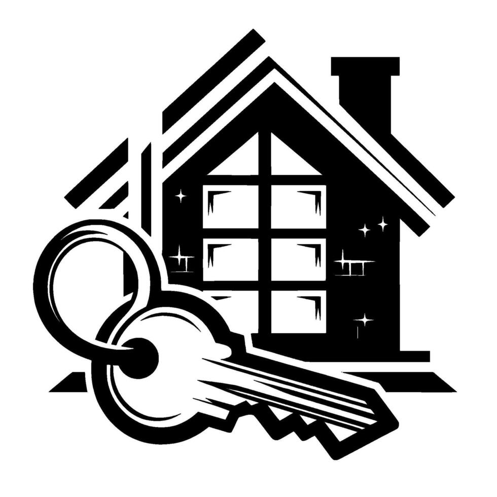 Black and white stylized featuring a house silhouette with a chimney and multiple windows, intertwined with a large key, on a white background. vector