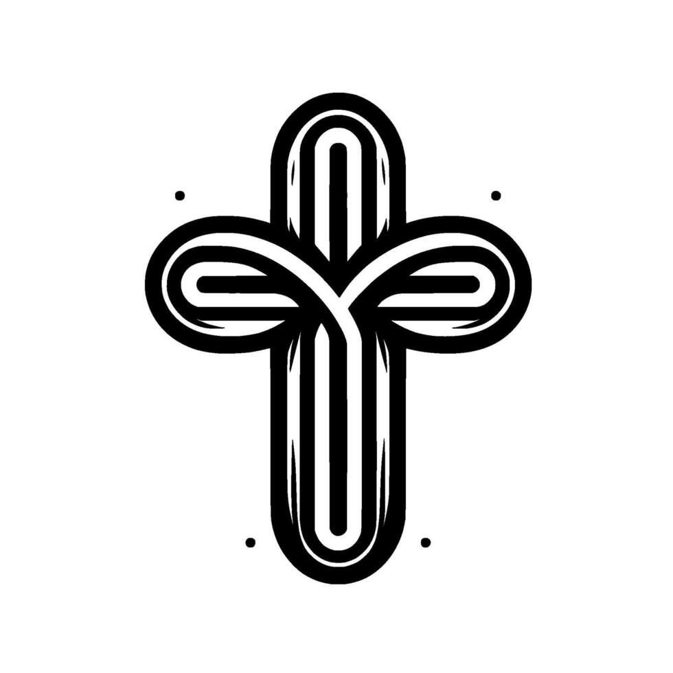 Modern minimalist black and white stylized Christian cross with looped lines and dot accents on white background. vector
