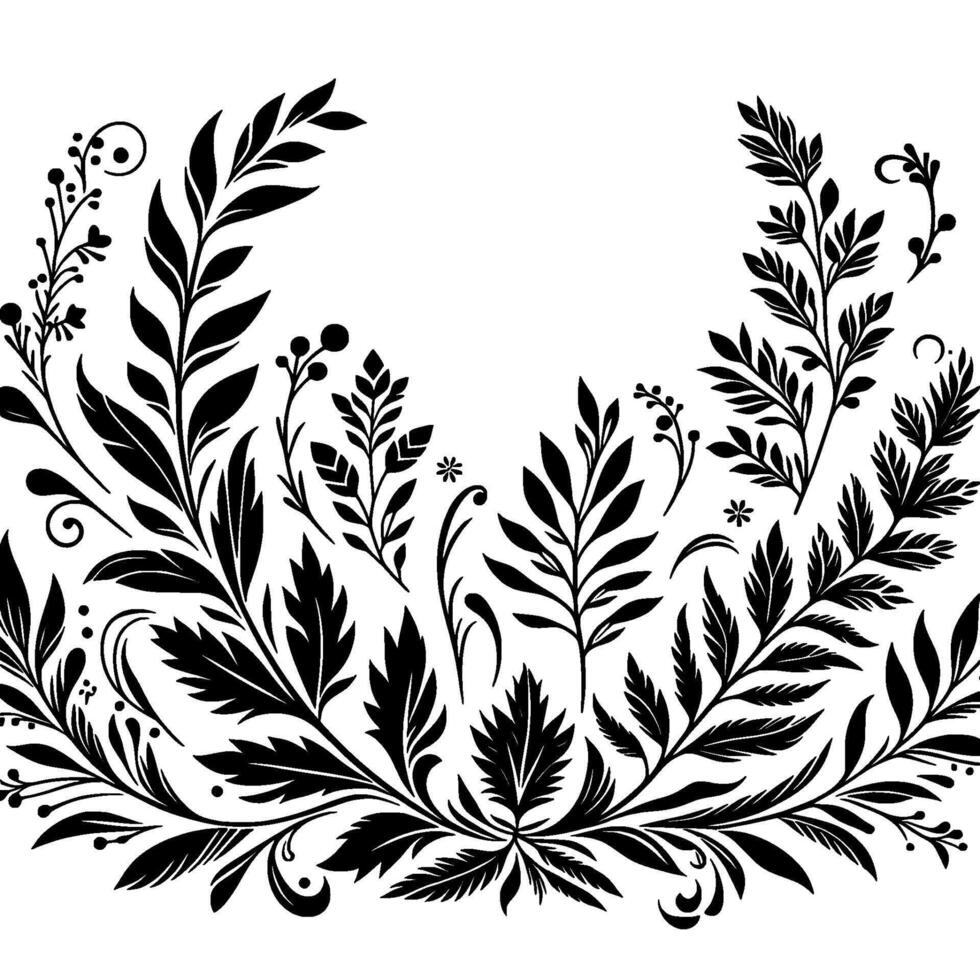 Elegant Black and White Floral Border Decorative Foliage and Detailed Leaves on a Clean Background. vector
