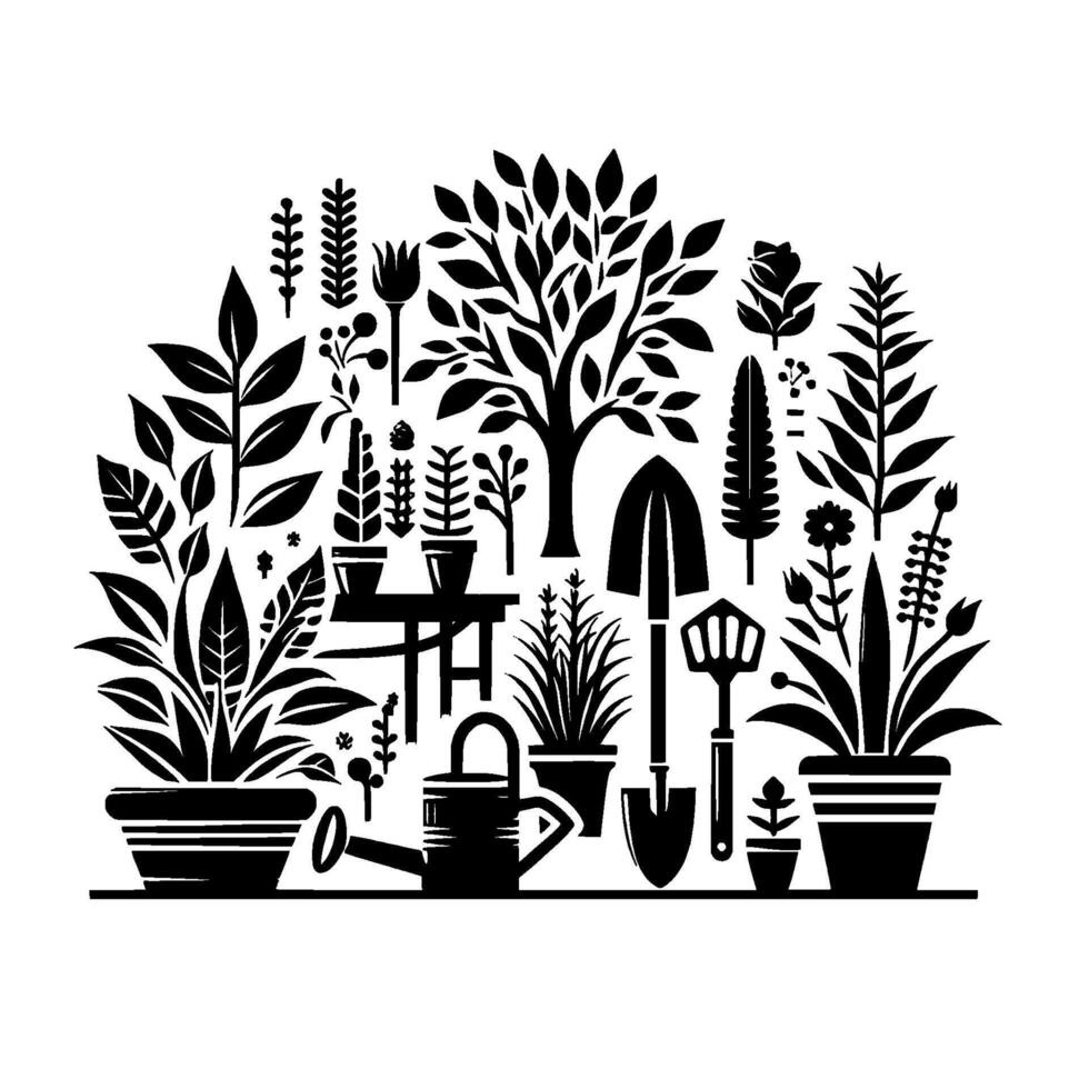 A monochromatic garden scene showcasing diverse plants, gardening tools, and potted foliage arranged against a bright, minimalist background. vector