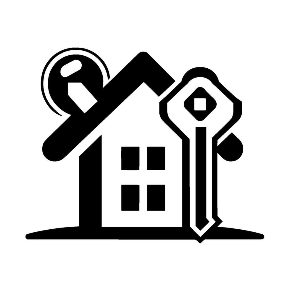 Conceptual Black and White Illustrating Homeownership with a House, a Key, and a Door Lock, Representing Real Estate vector