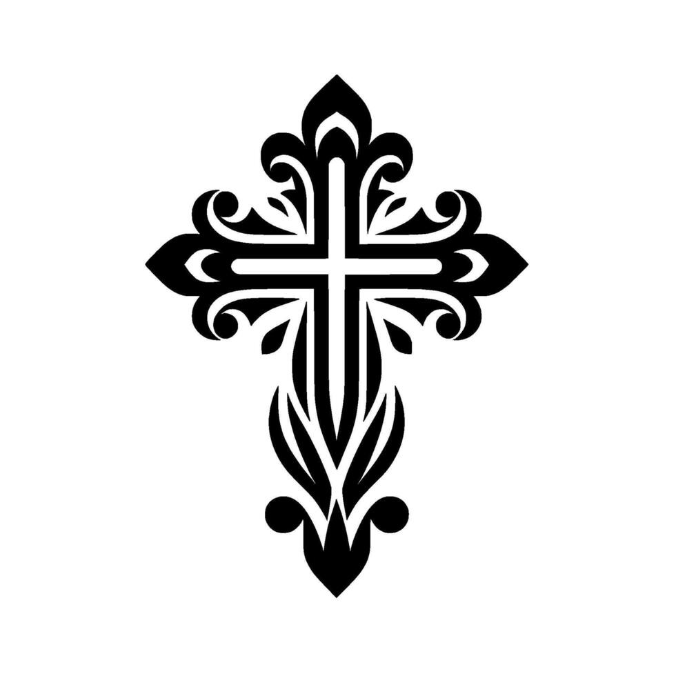 Ornate Black Cross with Flowing Floral and Swirl Embellishments, Centered on White Background. vector