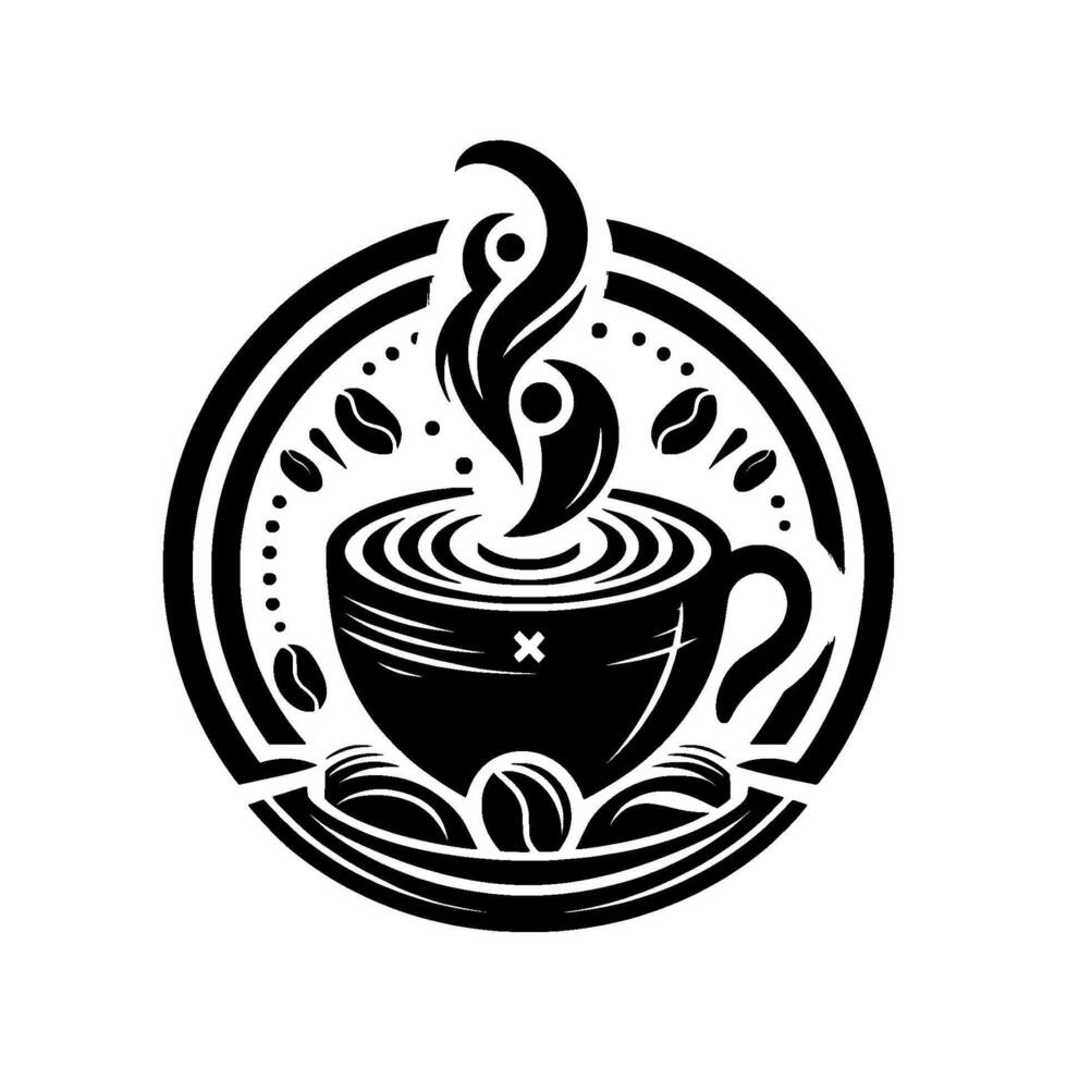 Artistic Black and White Coffee Cup with Steam, Coffee Beans, and a Circular Frame, Minimalist Aesthetic. vector
