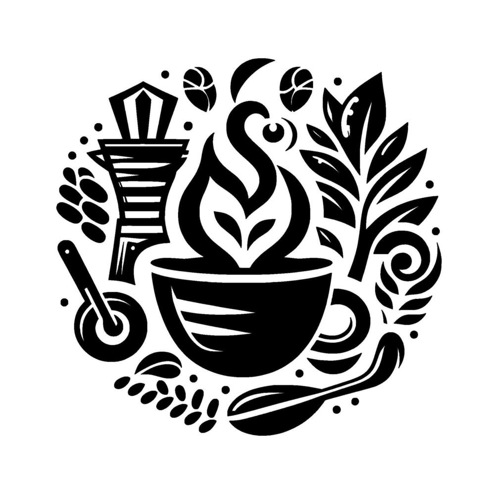 Stylized Coffee Illustration Cup with Steam, Beans, Leaf, and Brewing Tools in a Circular, Black and White Composition. vector