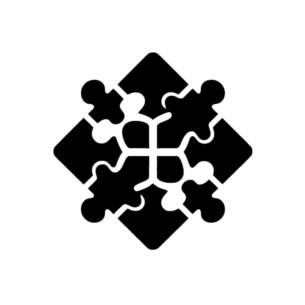 Black puzzleshaped composed of jigsaw pieces, placed on a square frame and against a white background, evoking problemsolving. vector