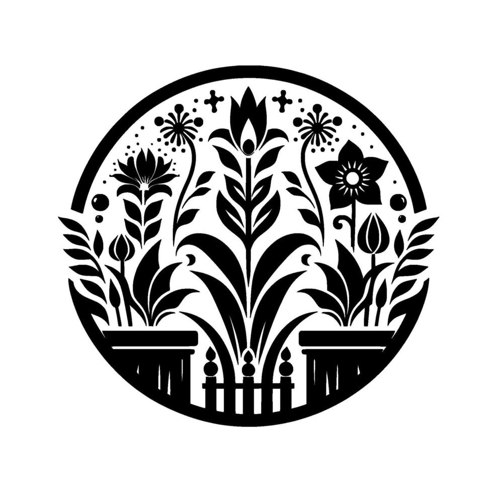 Black and White Floral Garden in a Circle, Featuring Stylized Flowers, Foliage, and a Small Picket Fence Composition. vector