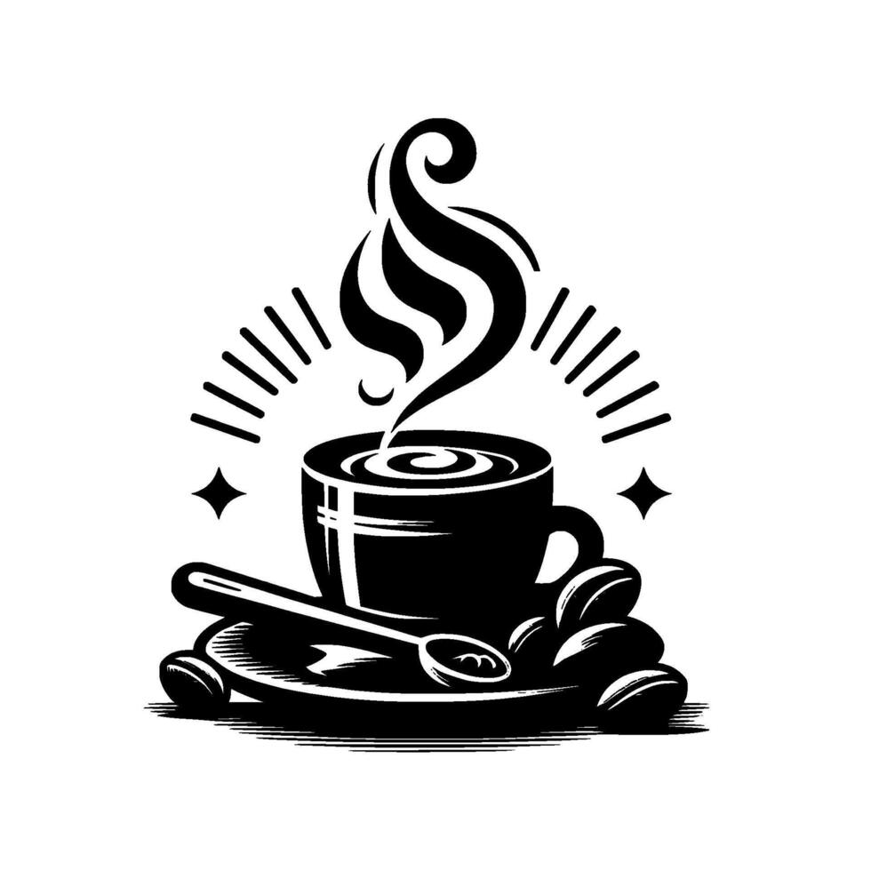 Stylized Black and White Coffee Illustration Featuring Steaming Cup, Spoon, Beans, and Radial Light Burst. vector