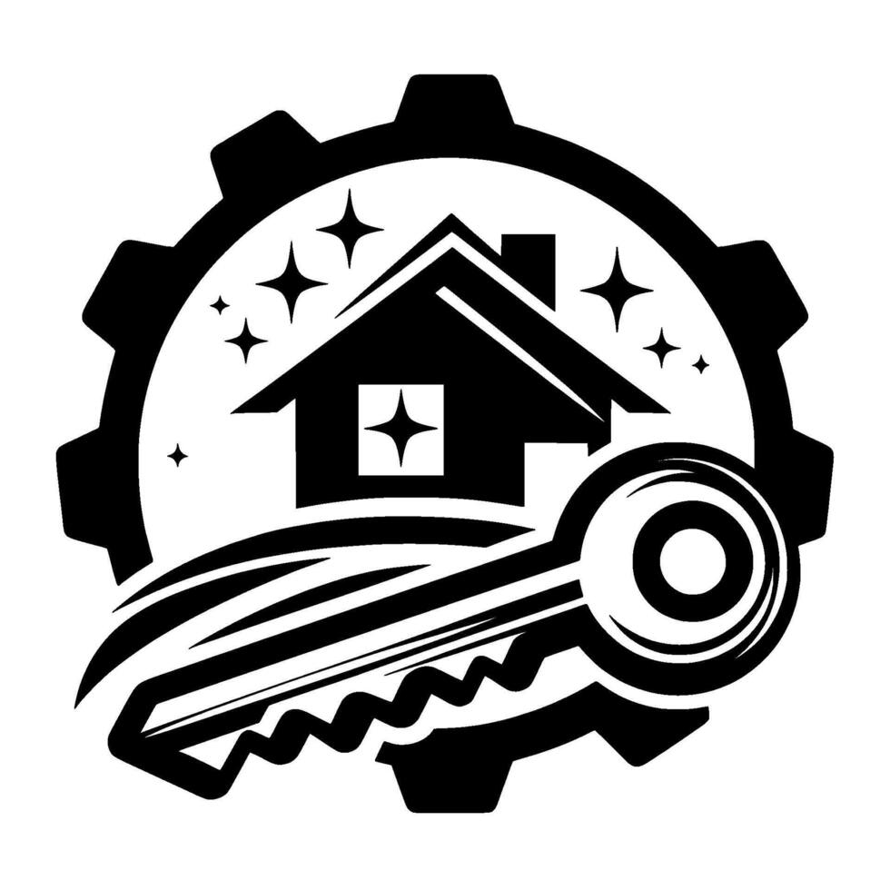 Symbolic illustration of a house inside a gear, with a key representing home services, maintenance, and solutions with a clean, geometric, and professional style. vector