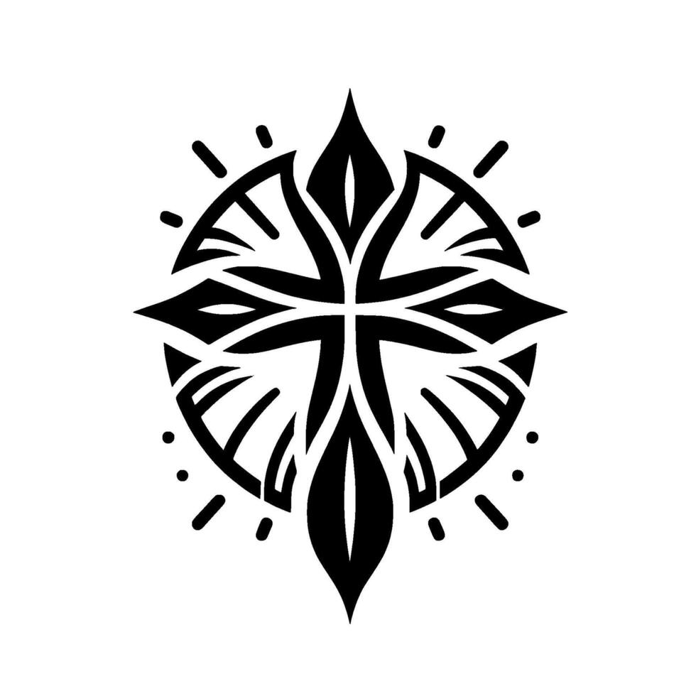 Geometric Black and White Floral Cross , Circular Frame, Simple Aesthetic, Minimalist, Ornamental. vector