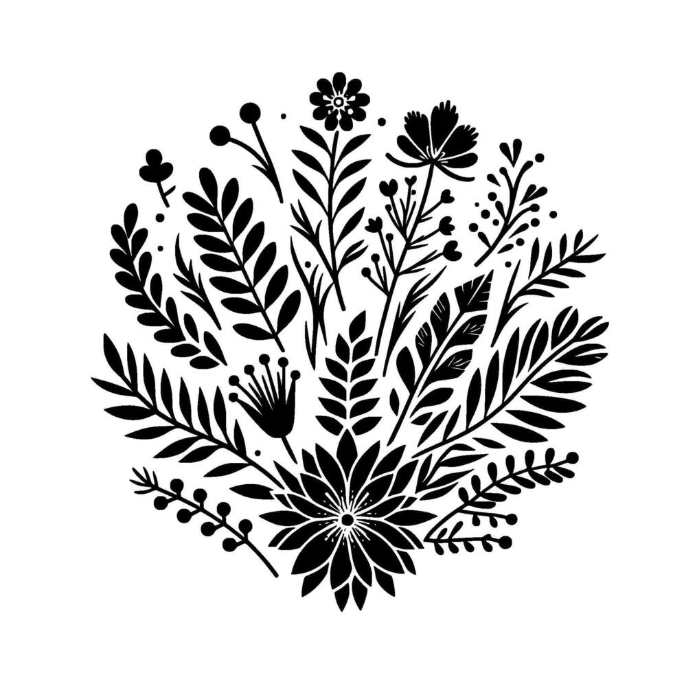 Black and white floral arrangement in a circular composition, showcasing botanical elements, leaves, and blossoms. vector