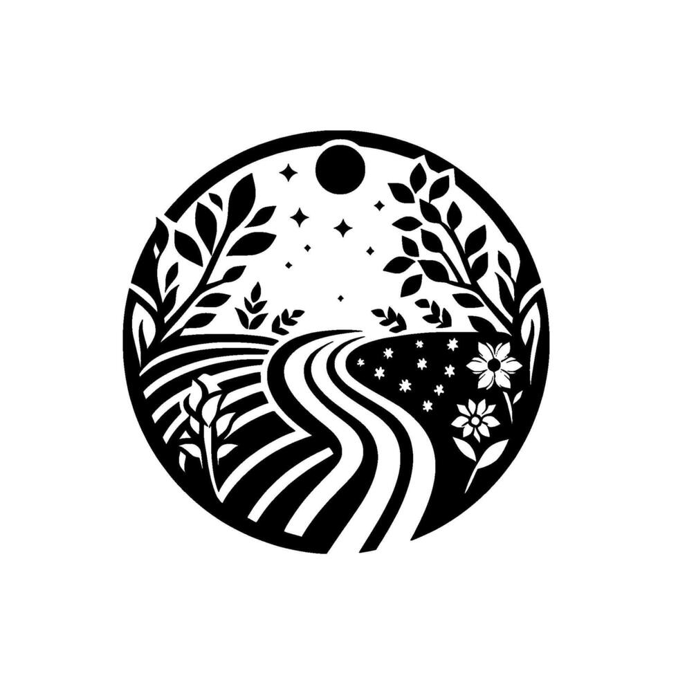 Circular black and white illustration a winding road through a farm with stars and a moon, framed by foliage and flowers. vector