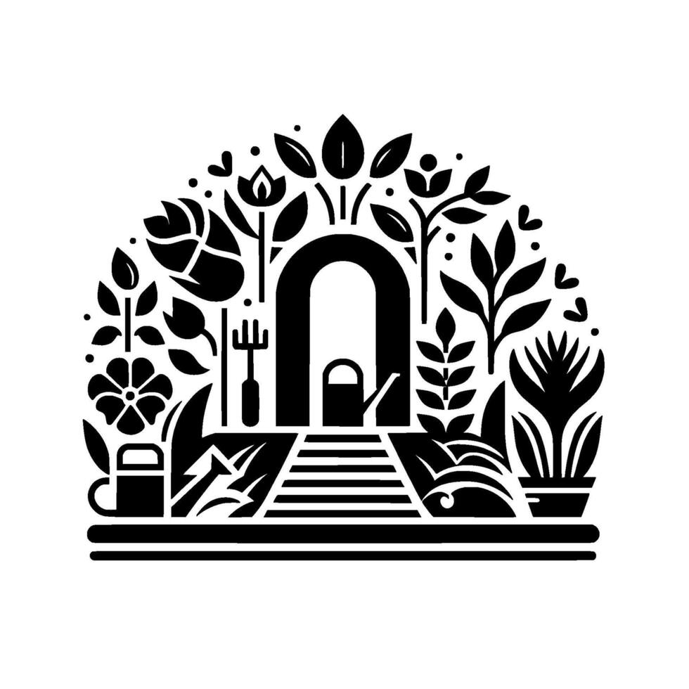 Stylized black and white garden , featuring an arched entrance, flora, gardening tools, and a path, enclosed in a semicircle. vector