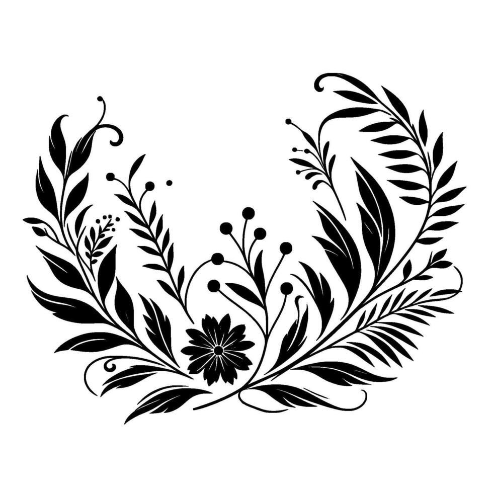 Elegant black and white floral wreath , featuring leaves, berries, and a central daisylike flower, arranged symmetrically against a clean white background. vector