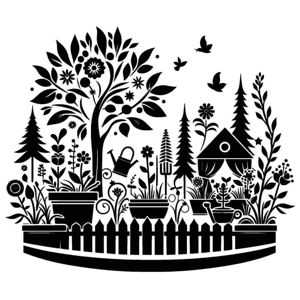 A Black White Garden Scene Potted Plants, Tree, Birds, and Cottage Behind a Wooden Fence, Evoking Whimsical Charm. vector