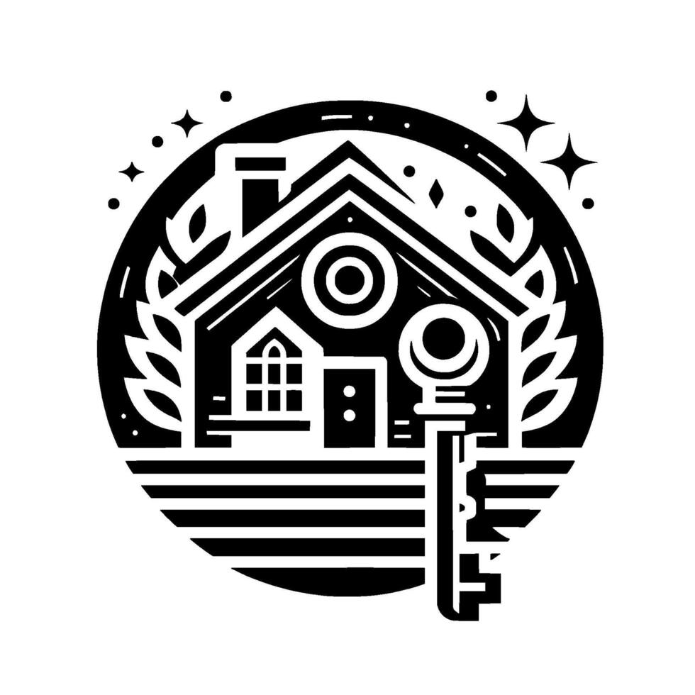 Stylized Black White Home Emblem House, Key, Laurel, and Stars within a Circle, Minimalist . vector