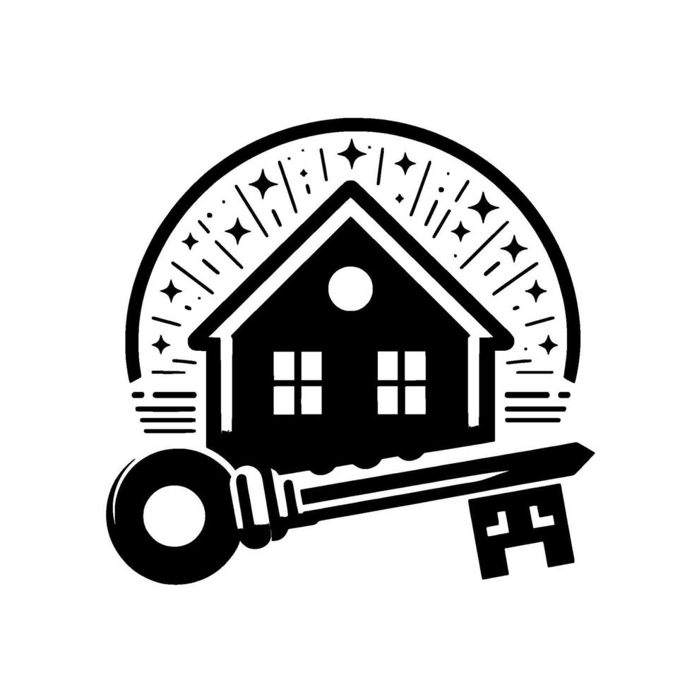 Black and white emblem featuring a stylized house with radiating starbursts, a key overlay, symbolizing home ownership. vector