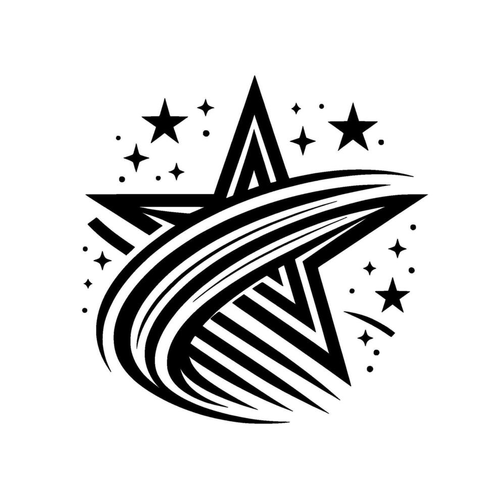 Stylized, Black and White Star , Featuring Striped Streaks and Scattered Smaller Stars, on White Background. vector