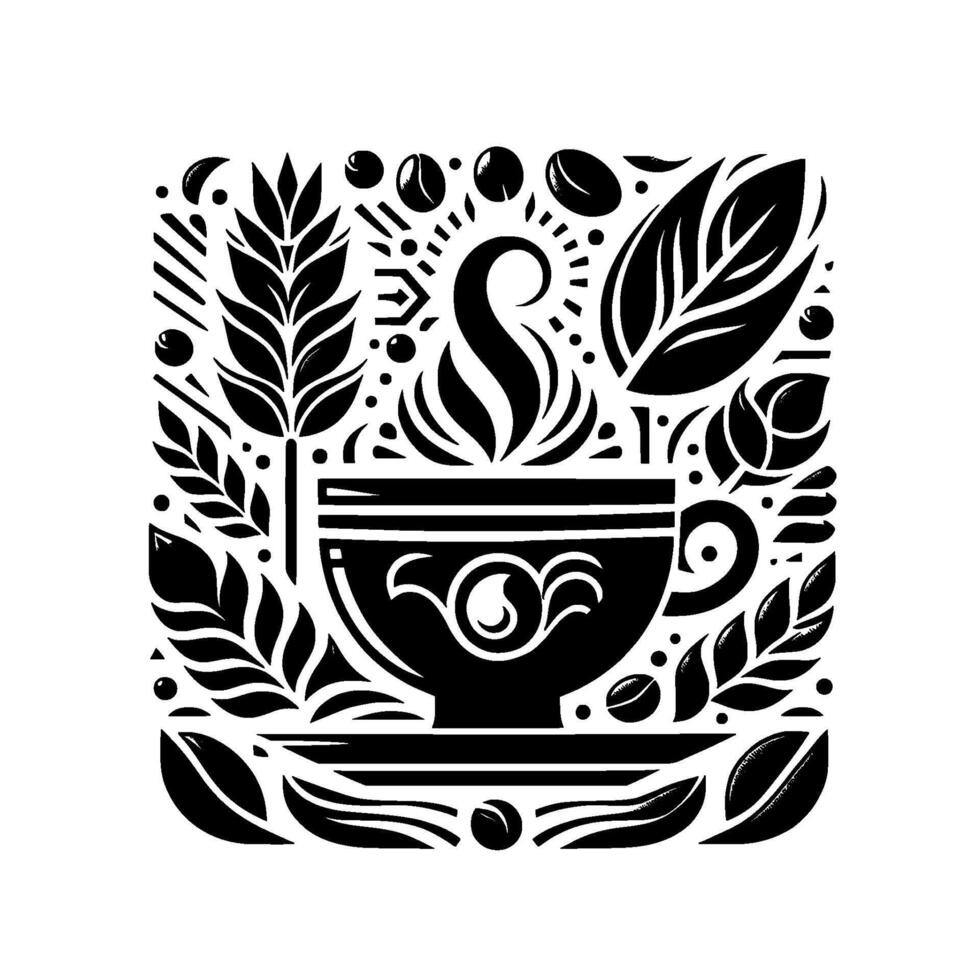 Stylized Black and White Coffee Cup Surrounded by Organic Foliage, Beans, and Decorative Elements. vector