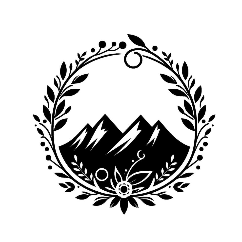 A stylized black and white featuring mountain peaks centered within a floral wreath, representing natures beauty. vector