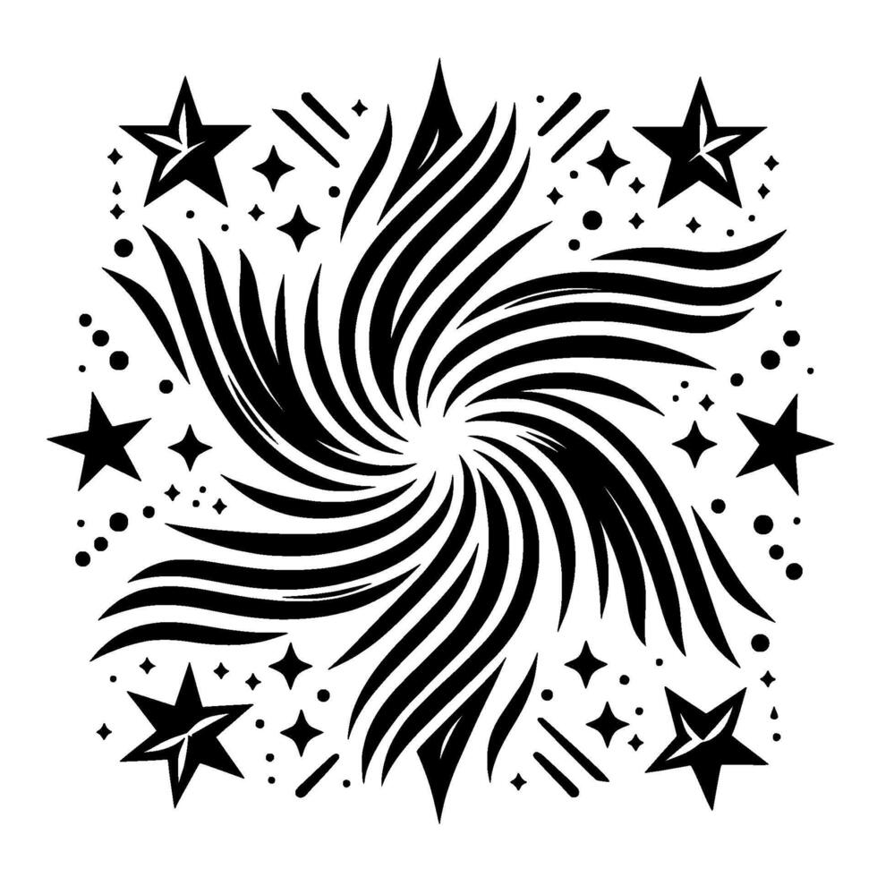 Abstract black and white starburst with stylized stars, radiating lines, and a central vortex on a white background. vector