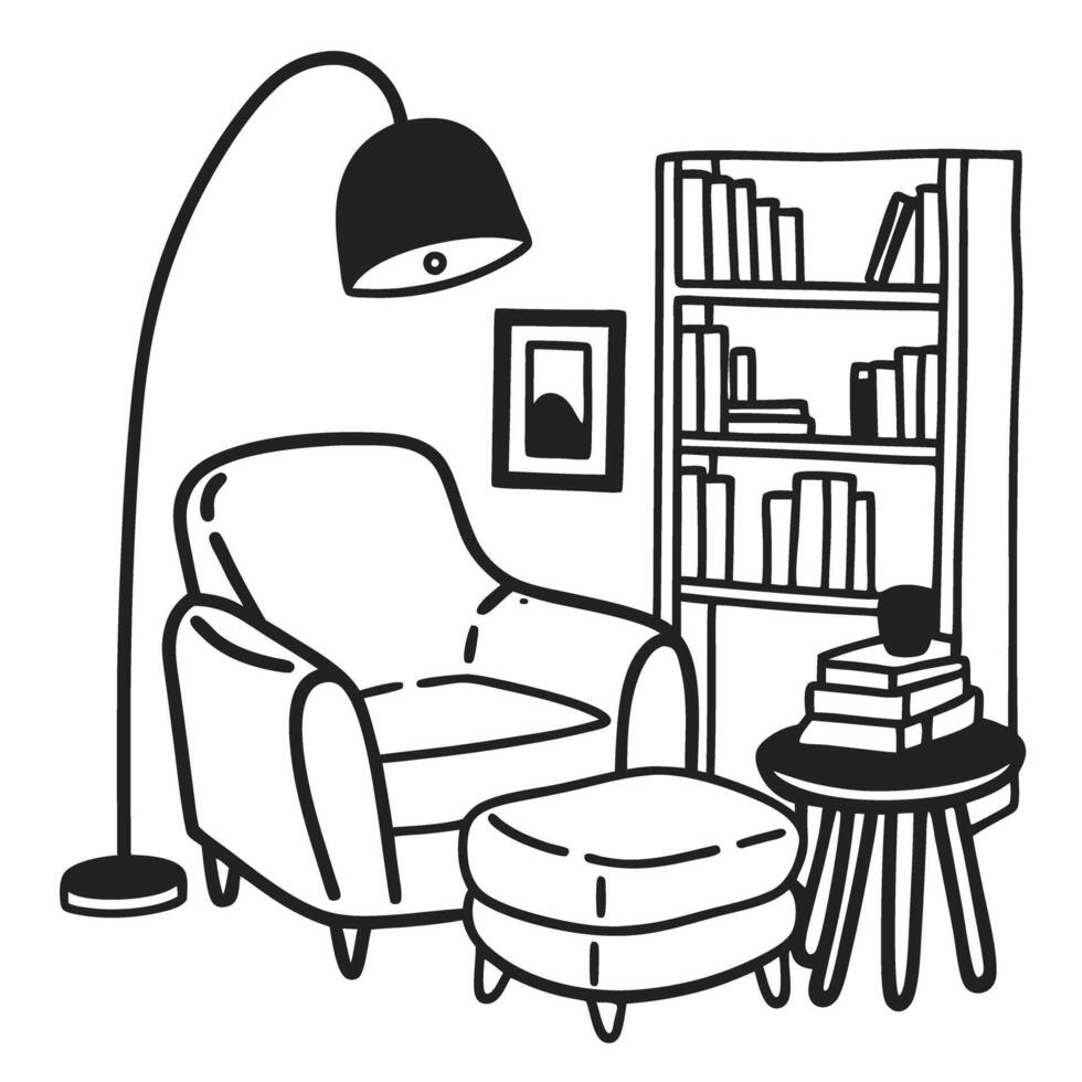 Cozy reading corner with armchair, bookshelf, lamp, and side table vector