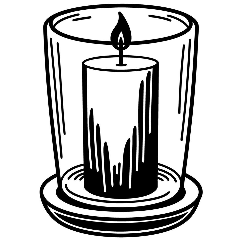 illustration of a burning candle in a glass holder artistic black and white line drawing, cozy atmosphere concept vector
