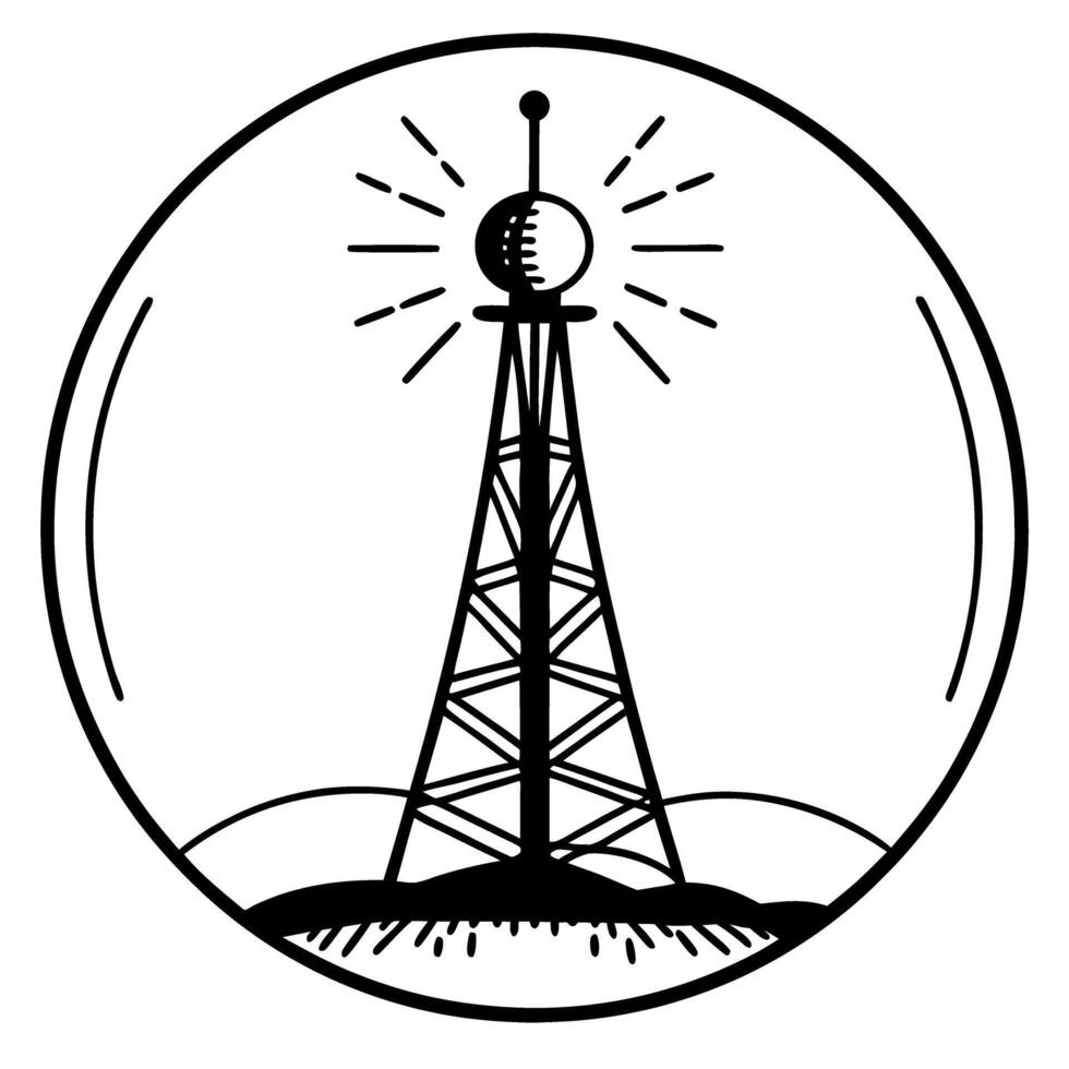 transmission tower icon in circle antenna with radiating signals, monochrome illustration vector