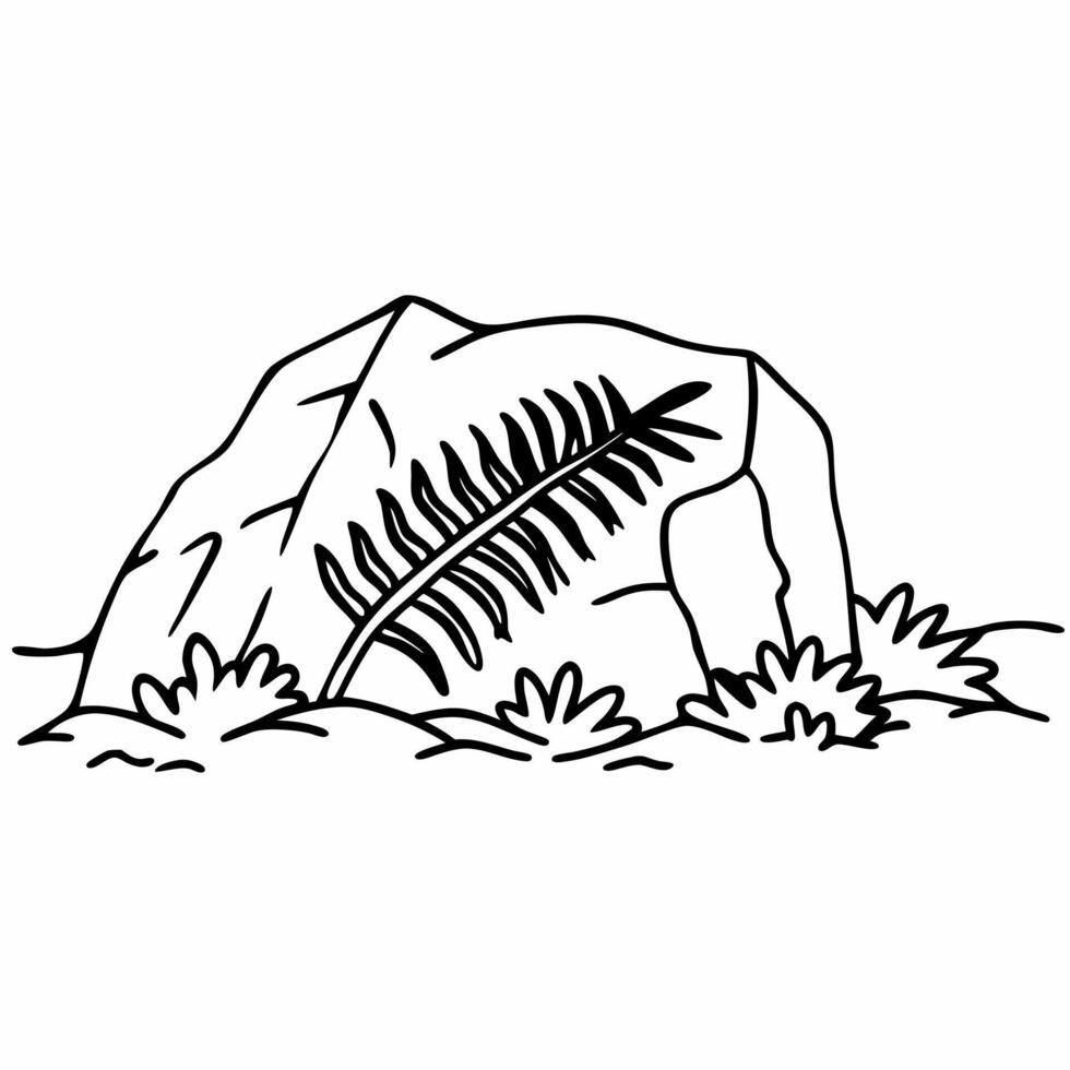 Rock with fern leaf illustration nature outline, botanical art, simple black and white drawing vector