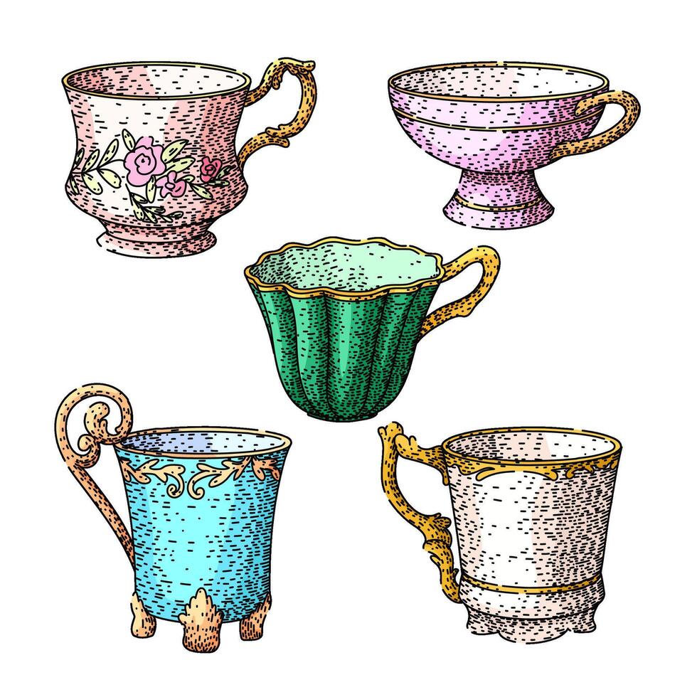 porcelain cup set sketch hand vintage vector