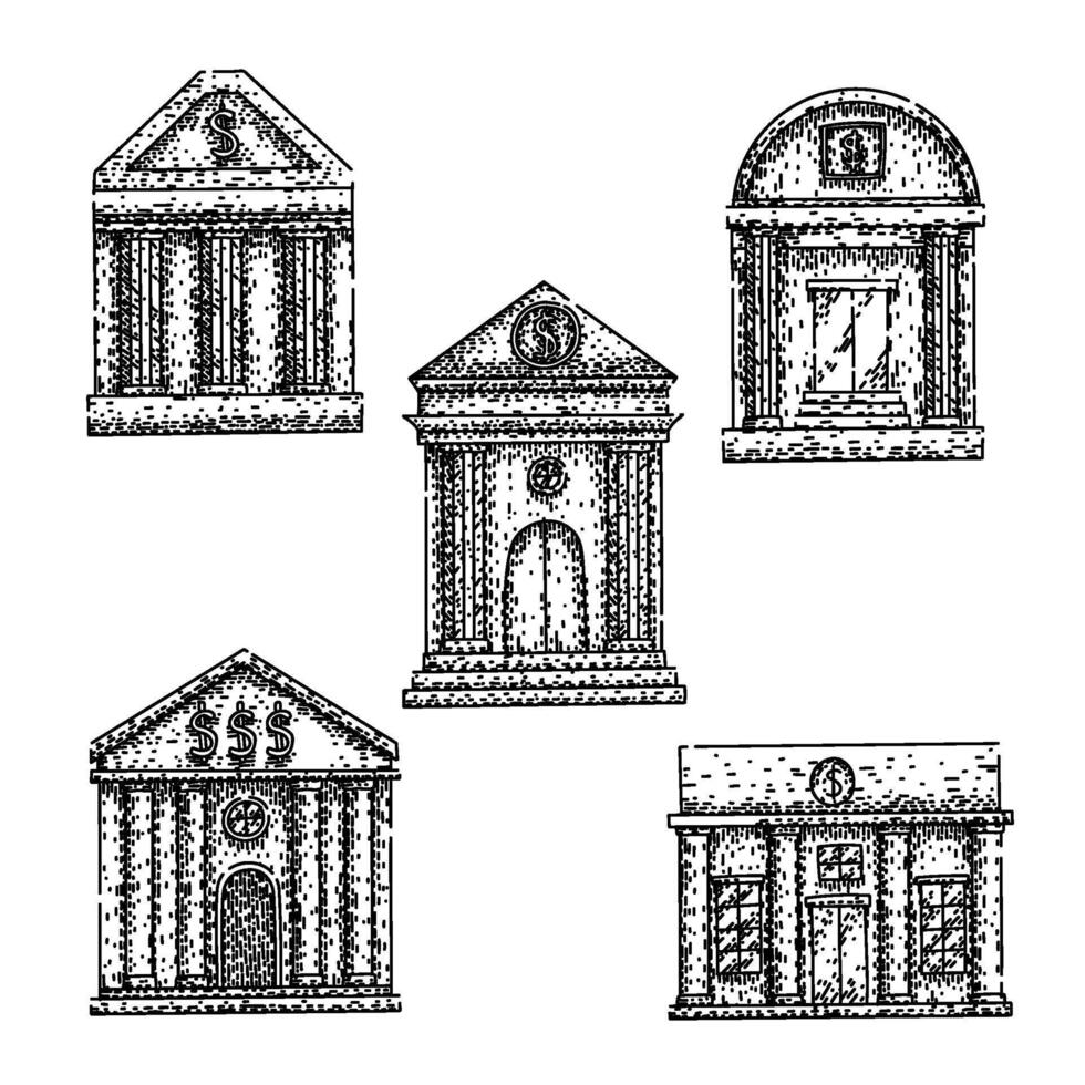 bank building set sketch hand drawn vector