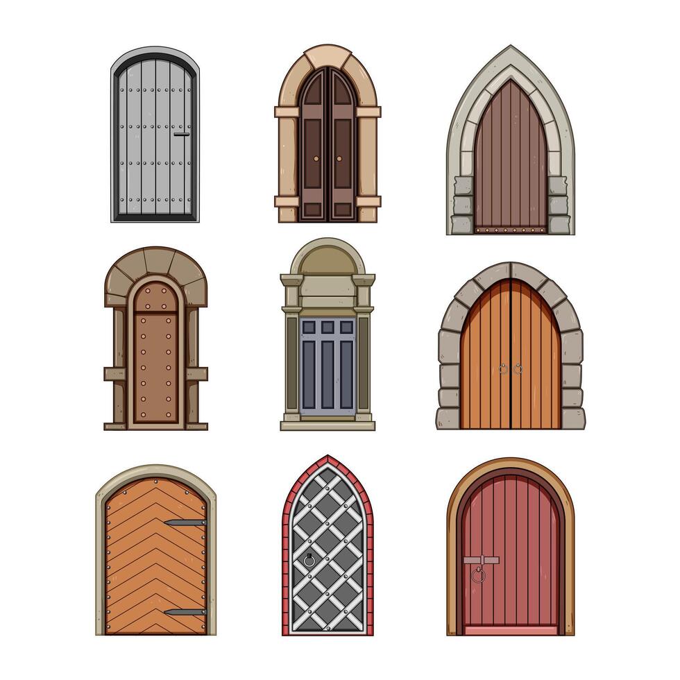 ancient medieval door set cartoon illustration vector