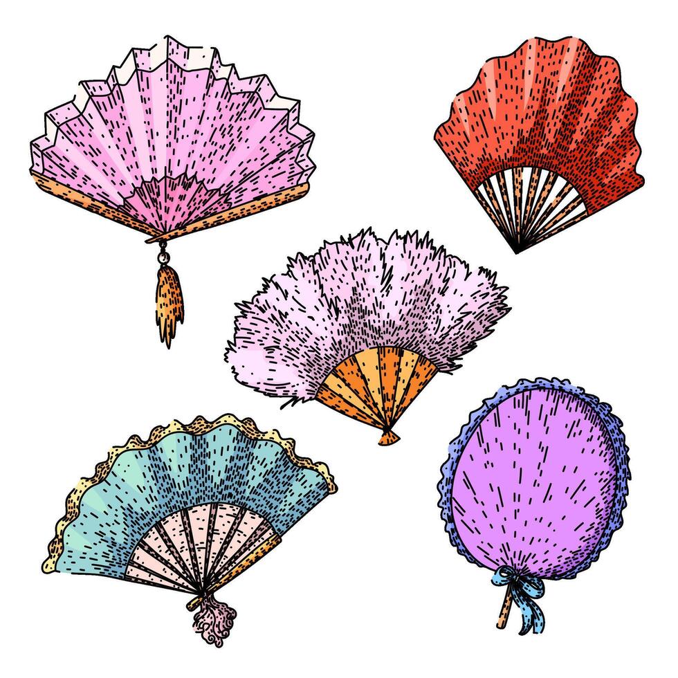 old fashioned fan set vintage sketch hand drawn vector